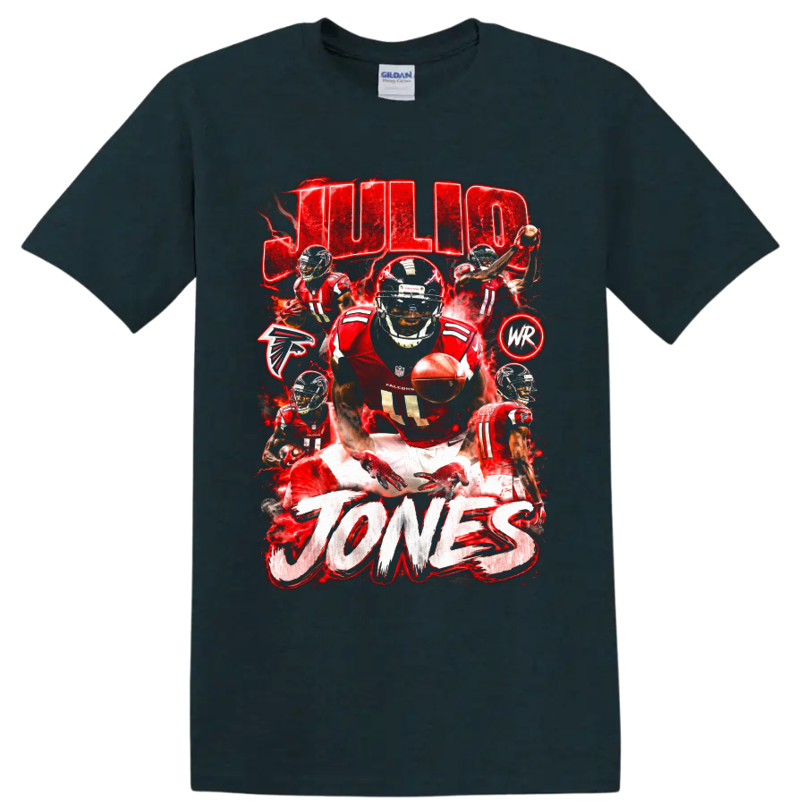 Julio Jones Atlanta Falcons action collage with red lightning and JULIO JONES text on a Midnight (Green) T Shirt