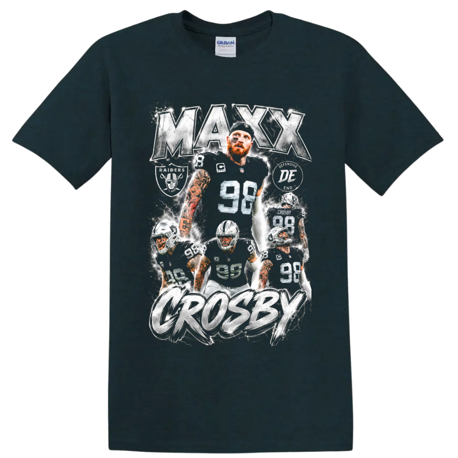 Maxx Crosby Raiders number 98 action collage with metallic lettering and lightning on a Midnight (Green) T Shirt