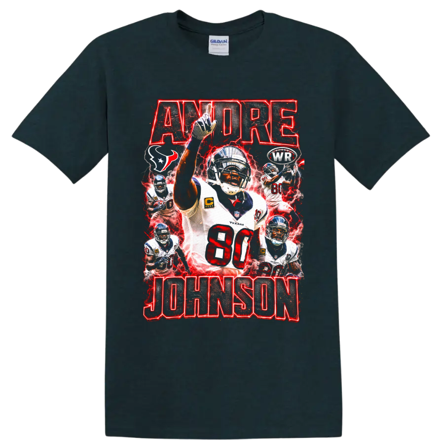 Andre Johnson Houston Texans number 80 action collage with red lightning and bold on a Midnight (Green) T Shirt