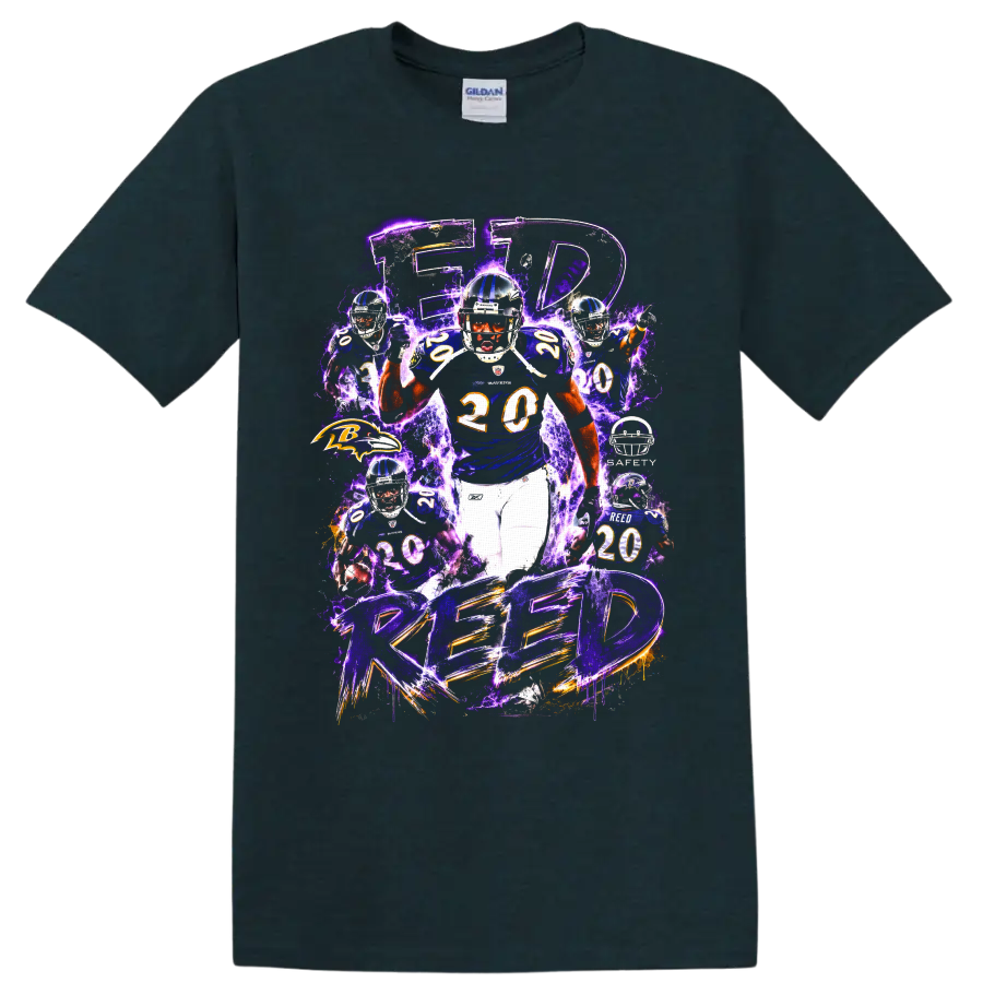Ed Reed Baltimore Ravens safety collage with purple lightning and REED lettering on a Midnight (Green) T Shirt