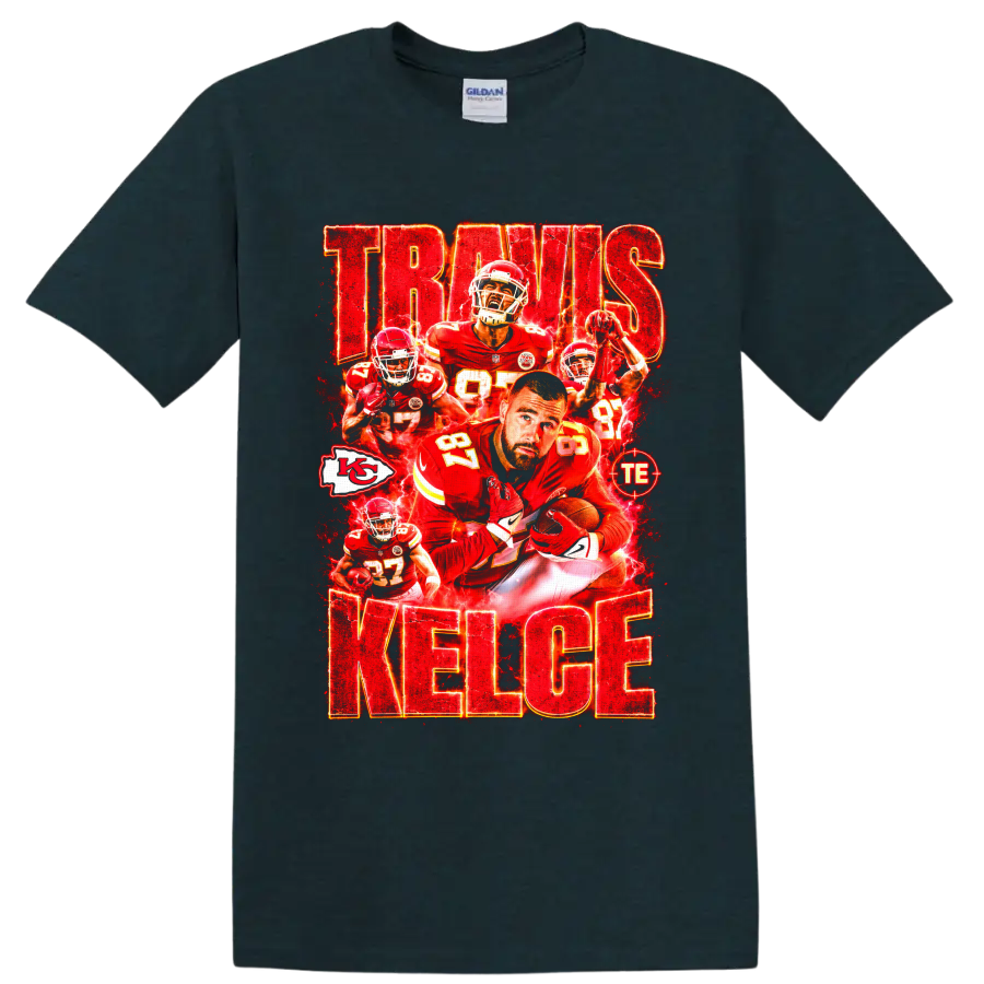 Travis Kelce Chiefs number 87 football collage with electric red TRAVIS KELCE text on a Midnight (Green) T Shirt