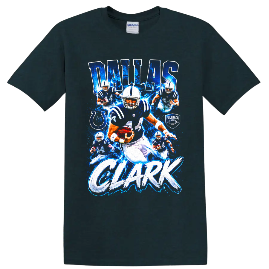 Dallas Clark Colts football action collage with number 44, lightning, and bold name text on a Midnight (Green) T Shirt