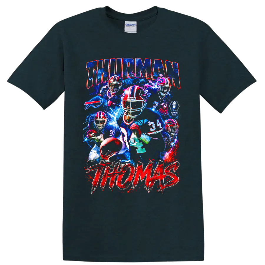 Thurman Thomas Buffalo Bills running back electric football collage with bold lettering on a Midnight (Green) T Shirt