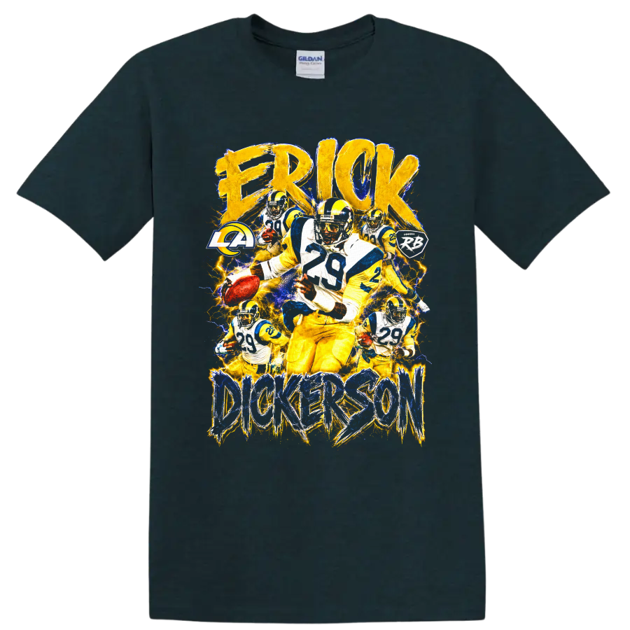 Eric Dickerson Rams running back collage with distressed lettering and lightning on a Midnight (Green) T Shirt