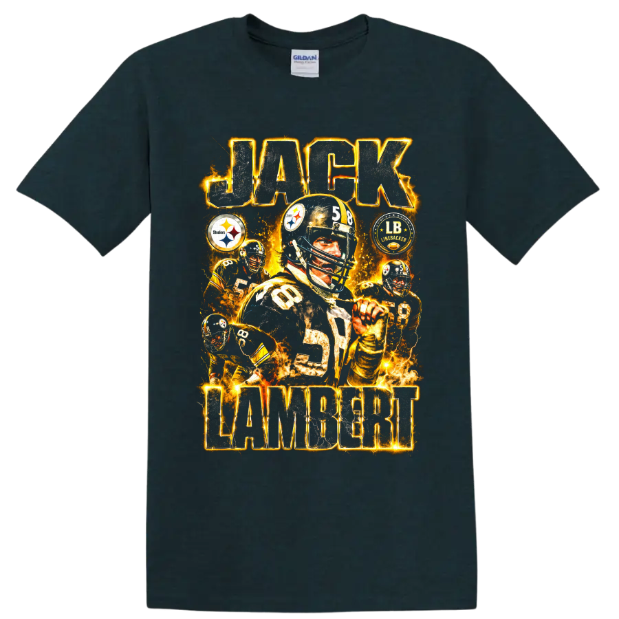 Jack Lambert Steelers number 58 vintage football collage with gold lightning on a Midnight (Green) T Shirt