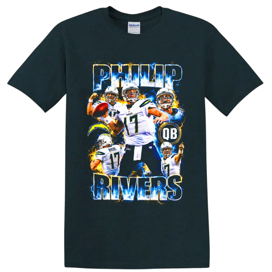 Philip Rivers Chargers quarterback collage with number 17, lightning bolt, and electric on a Midnight (Green) T Shirt