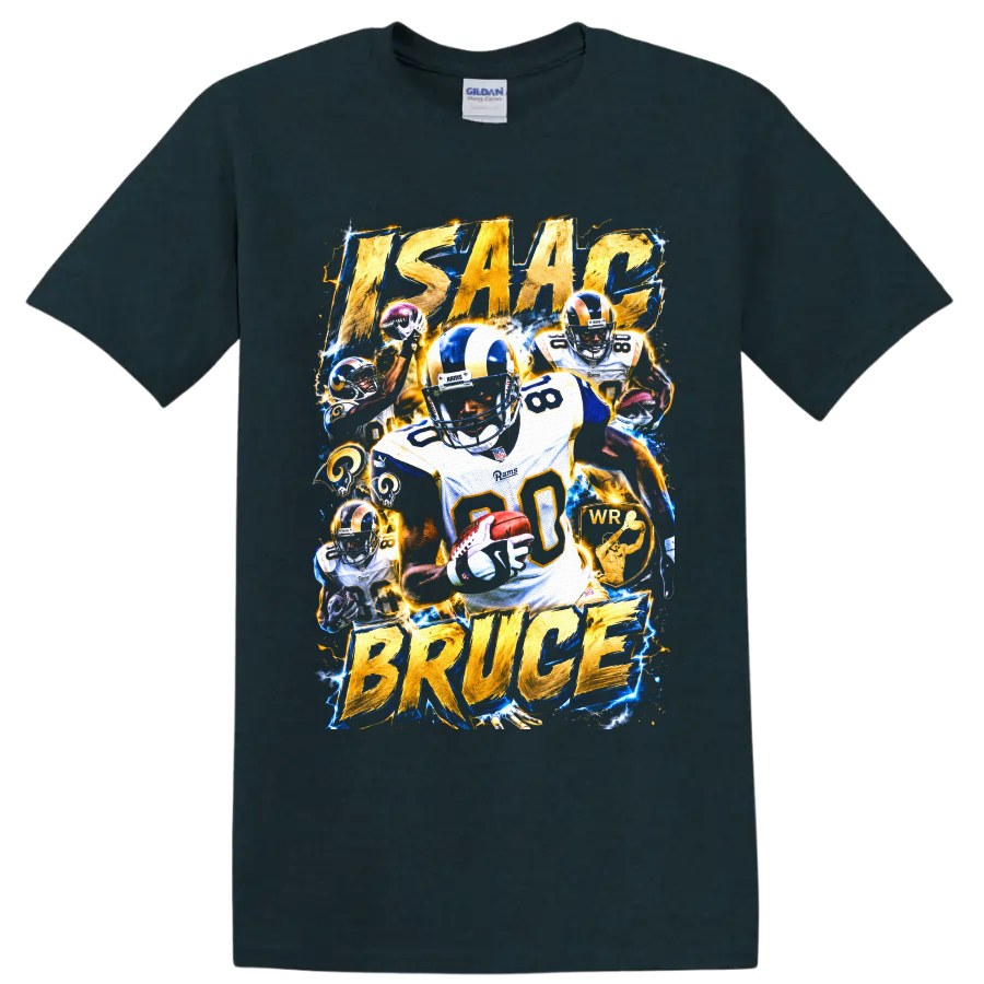 Isaac Bruce Rams number 80 football collage with gold lettering and electric blue effects on a Midnight (Green) T Shirt