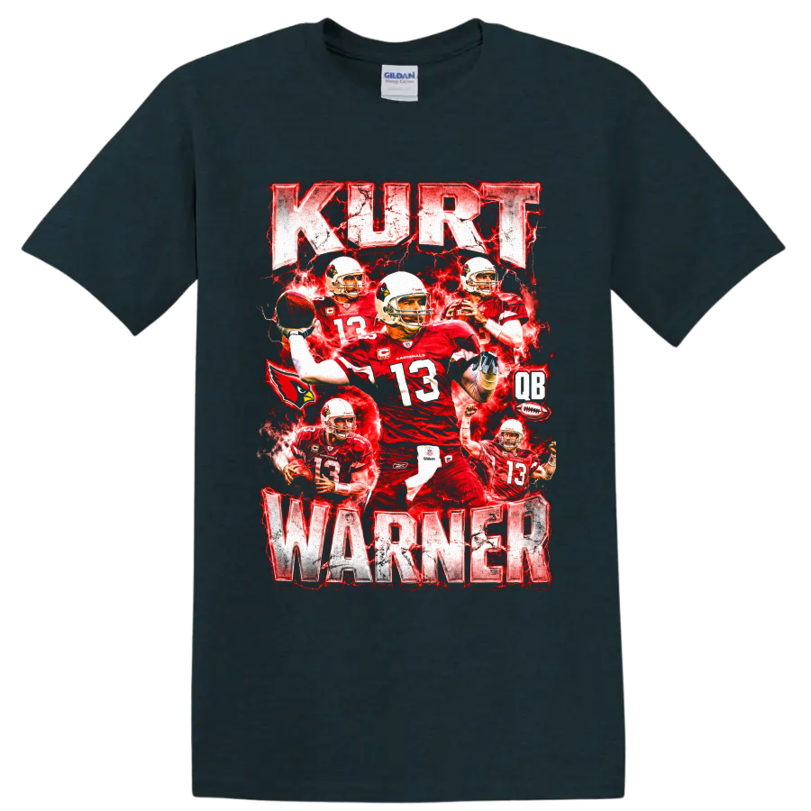 Kurt Warner Arizona Cardinals number 13 football collage with red lightning on a Midnight (Green) T Shirt