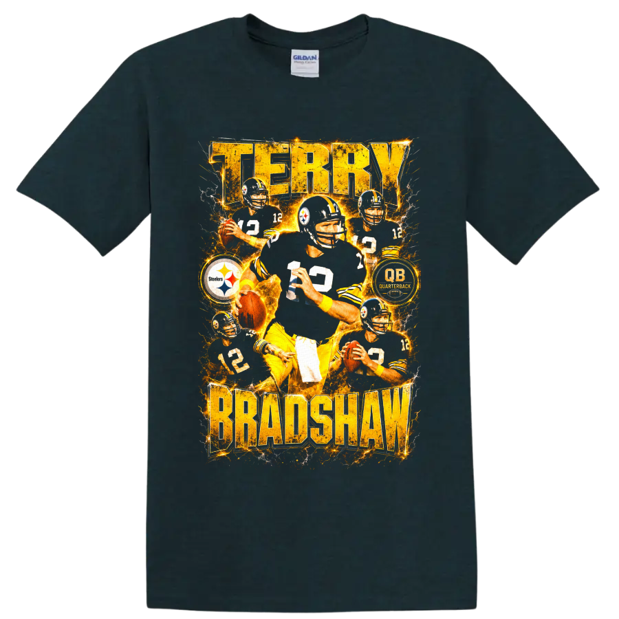 Terry Bradshaw Steelers number 12 quarterback collage with electric gold lettering on a Midnight (Green) T Shirt