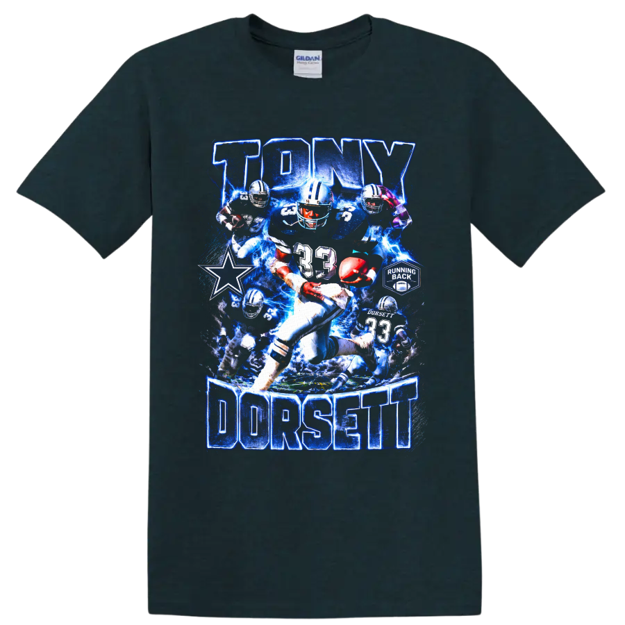 Tony Dorsett Dallas Cowboys number 33 running back collage with blue lightning on a Midnight (Green) T Shirt