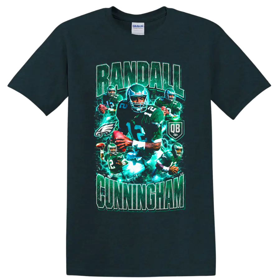 Randall Cunningham Philadelphia Eagles quarterback vintage collage with electric football on a Midnight (Green) T Shirt