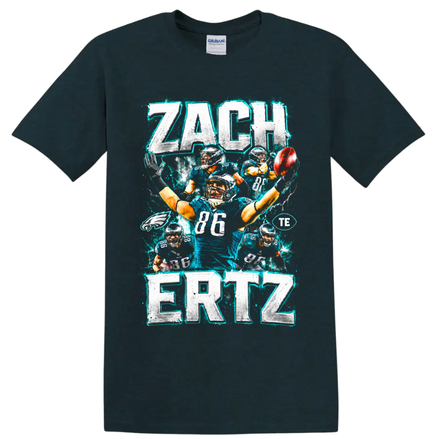 Zach Ertz Eagles number 86 football collage with distressed electric lettering on a Midnight (Green) T Shirt