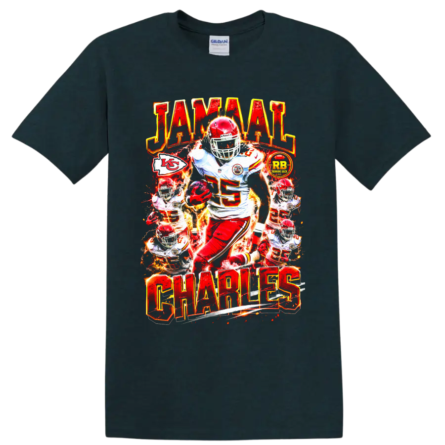 Jamaal Charles Chiefs number 25 fiery football action collage with JAMAAL CHARLES text on a Midnight (Green) T Shirt