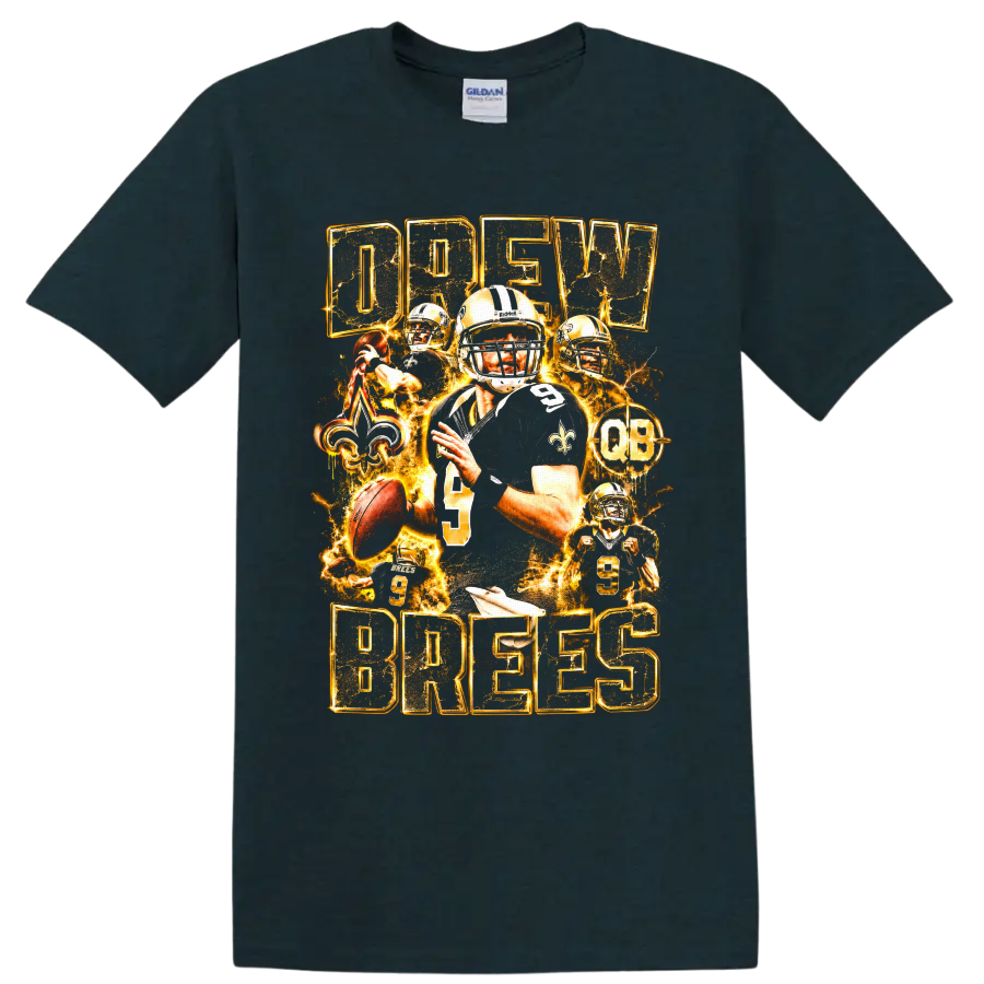 Drew Brees Saints quarterback collage with number 9, fleur-de-lis, and gold lightning on a Midnight (Green) T Shirt