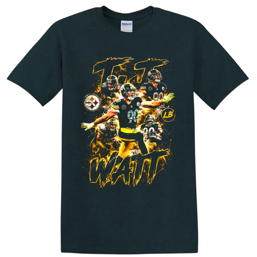 T.J. Watt Steelers number 90 action collage with gold lightning on a Midnight (Green) T Shirt