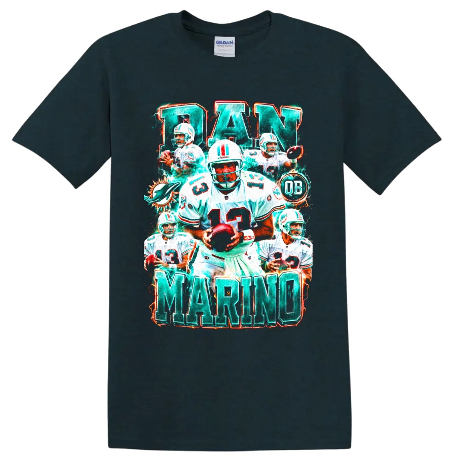 Dan Marino Miami Dolphins quarterback collage with number 13, QB badge, and bold name on a Midnight (Green) T Shirt