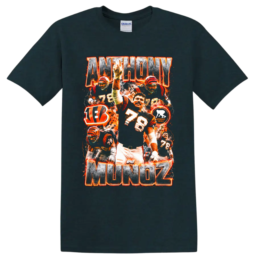 Anthony Muñoz Bengals number 78 football collage with fiery orange graphics on a Midnight (Green) T Shirt