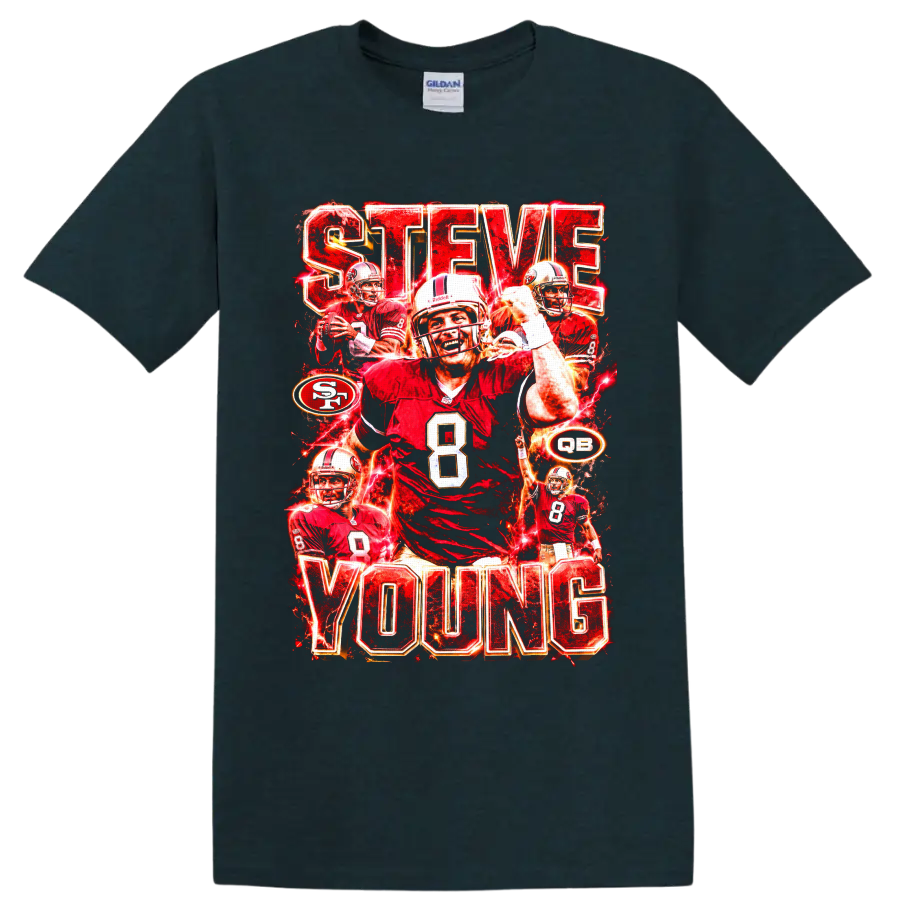 Steve Young 49ers number 8 quarterback collage with STEVE YOUNG lettering on a Midnight (Green) T Shirt