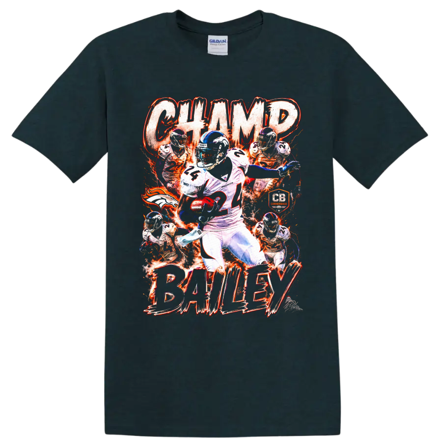 Champ Bailey Denver Broncos number 24 cornerback collage with fiery action graphics on a Midnight (Green) T Shirt