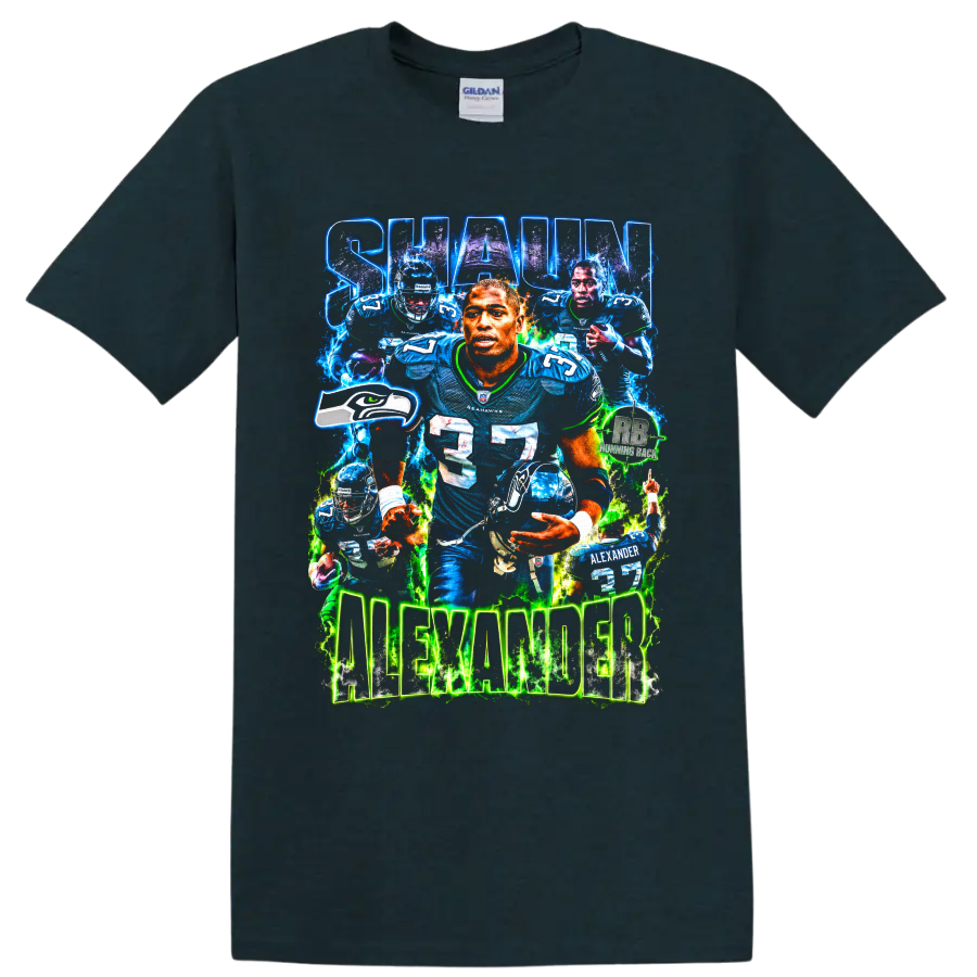 Shaun Alexander Seattle Seahawks number 37 football collage with glowing lettering on a Midnight (Green) T Shirt