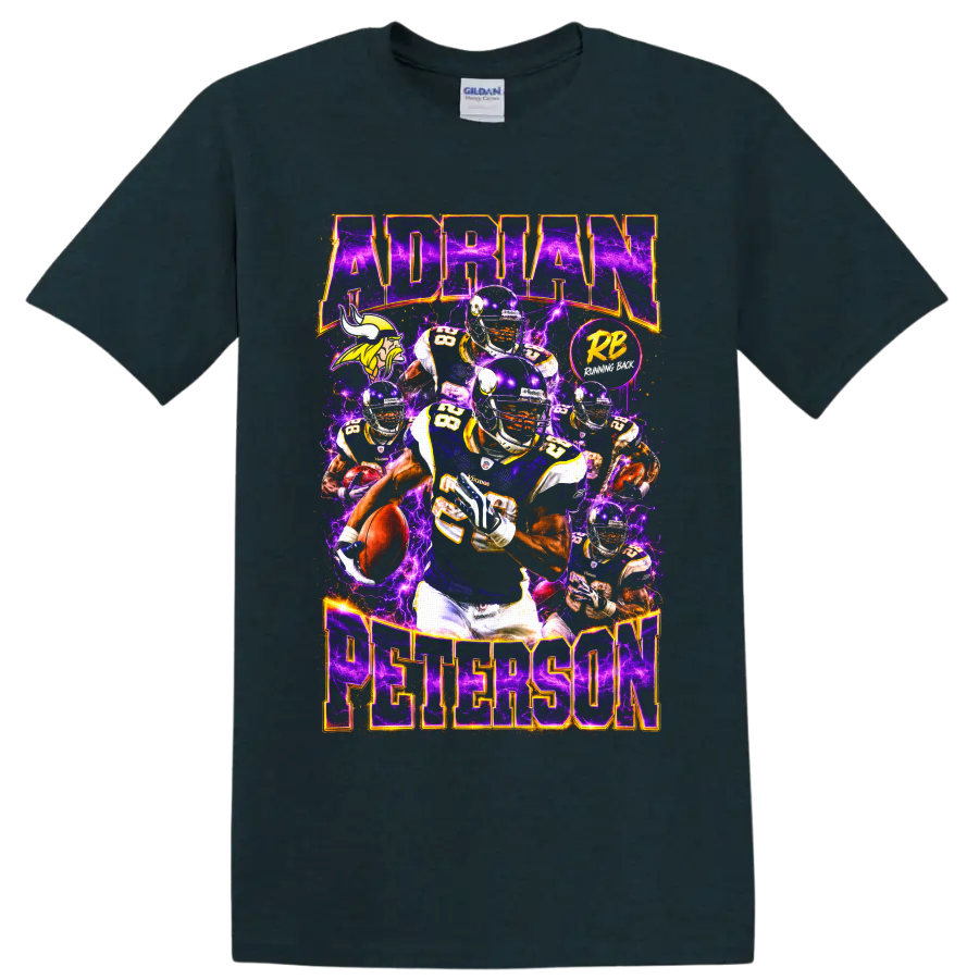 Adrian Peterson Vikings running back collage with purple lightning and football action on a Midnight (Green) T Shirt