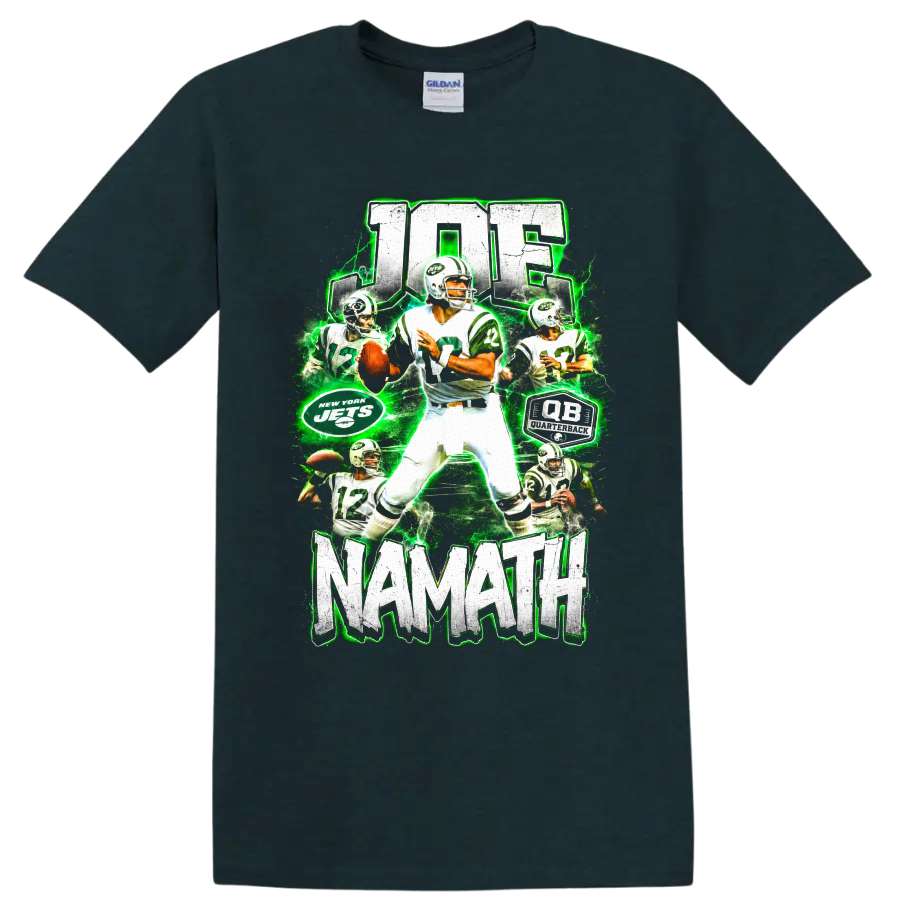 Joe Namath New York Jets quarterback collage with number 12, distressed text, and green on a Midnight (Green) T Shirt