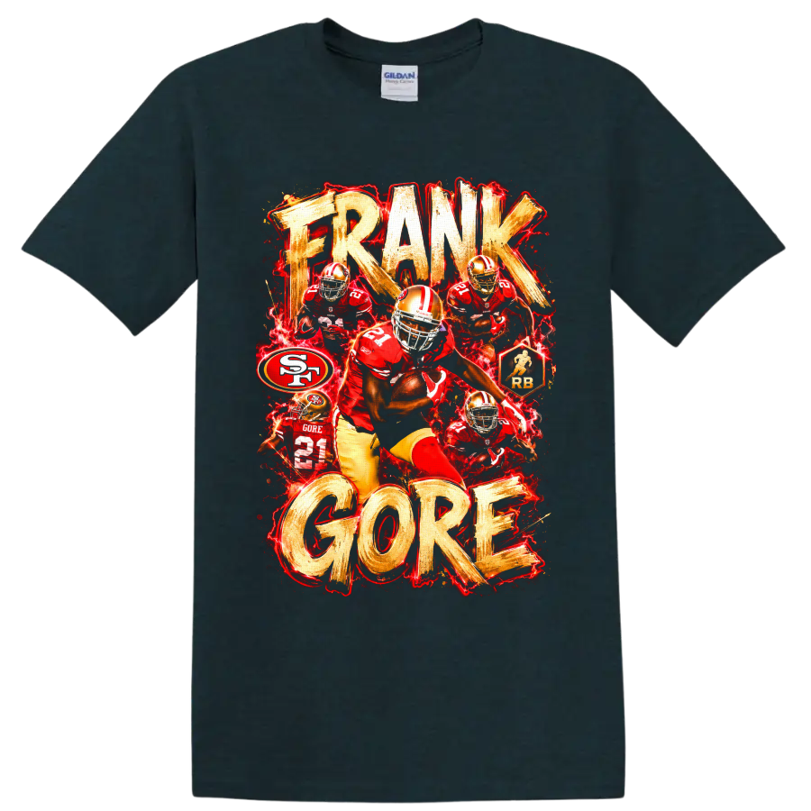 Frank Gore 49ers number 21 action collage with distressed FRANK GORE lettering on a Midnight (Green) T Shirt