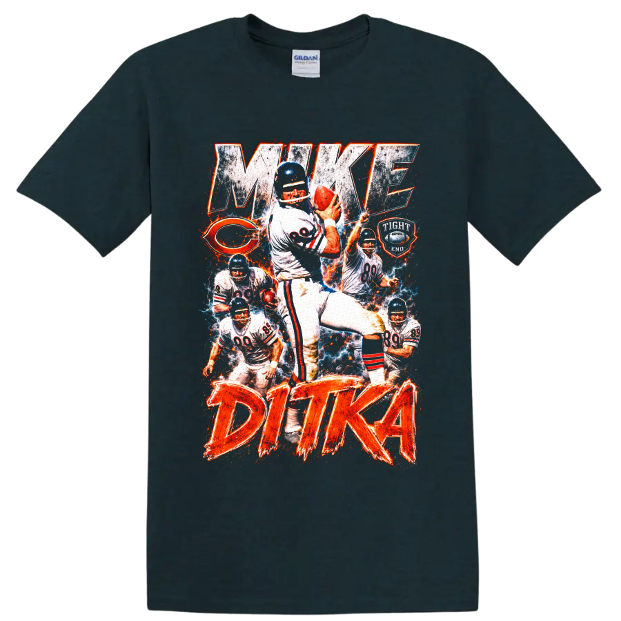 Mike Ditka Chicago Bears number 89 vintage football collage with MAKE DITKA text on a Midnight (Green) T Shirt