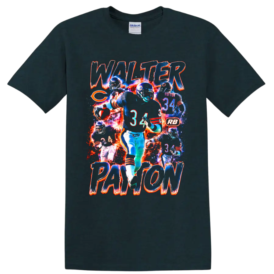 Walter Payton Chicago Bears number 34 action collage with distressed name lettering on a Midnight (Green) T Shirt