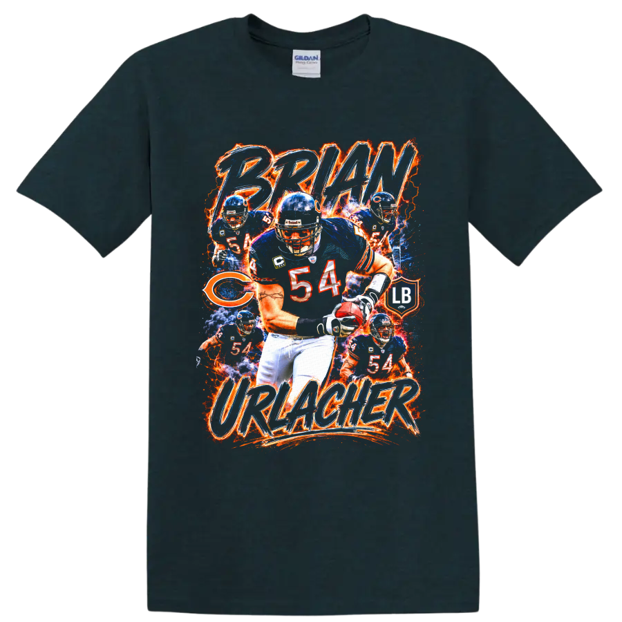 Brian Urlacher Chicago Bears 54 action collage with fiery BRIAN URLACHER lettering on a Midnight (Green) T Shirt