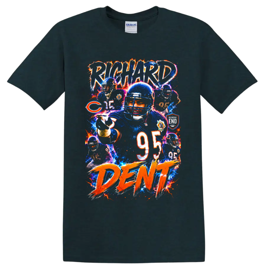 Richard Dent Chicago Bears number 95 football collage with electric retro lettering on a Midnight (Green) T Shirt