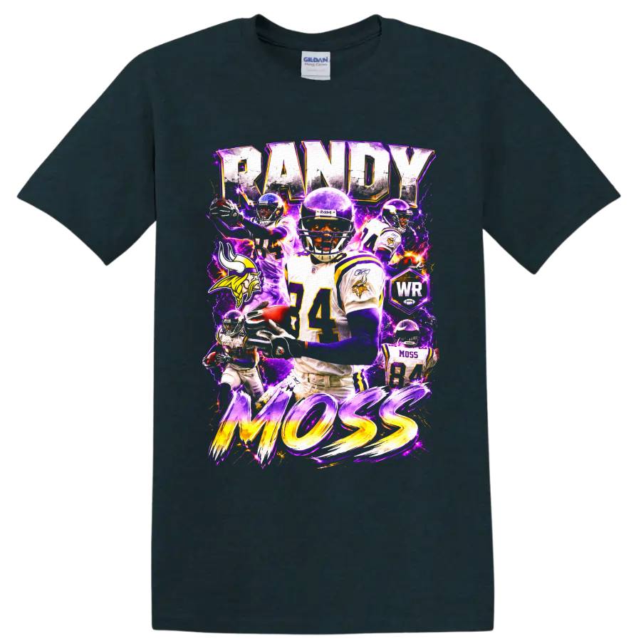 Randy Moss Minnesota Vikings number 84 collage with RANDY MOSS text and purple lightning on a Midnight (Green) T Shirt