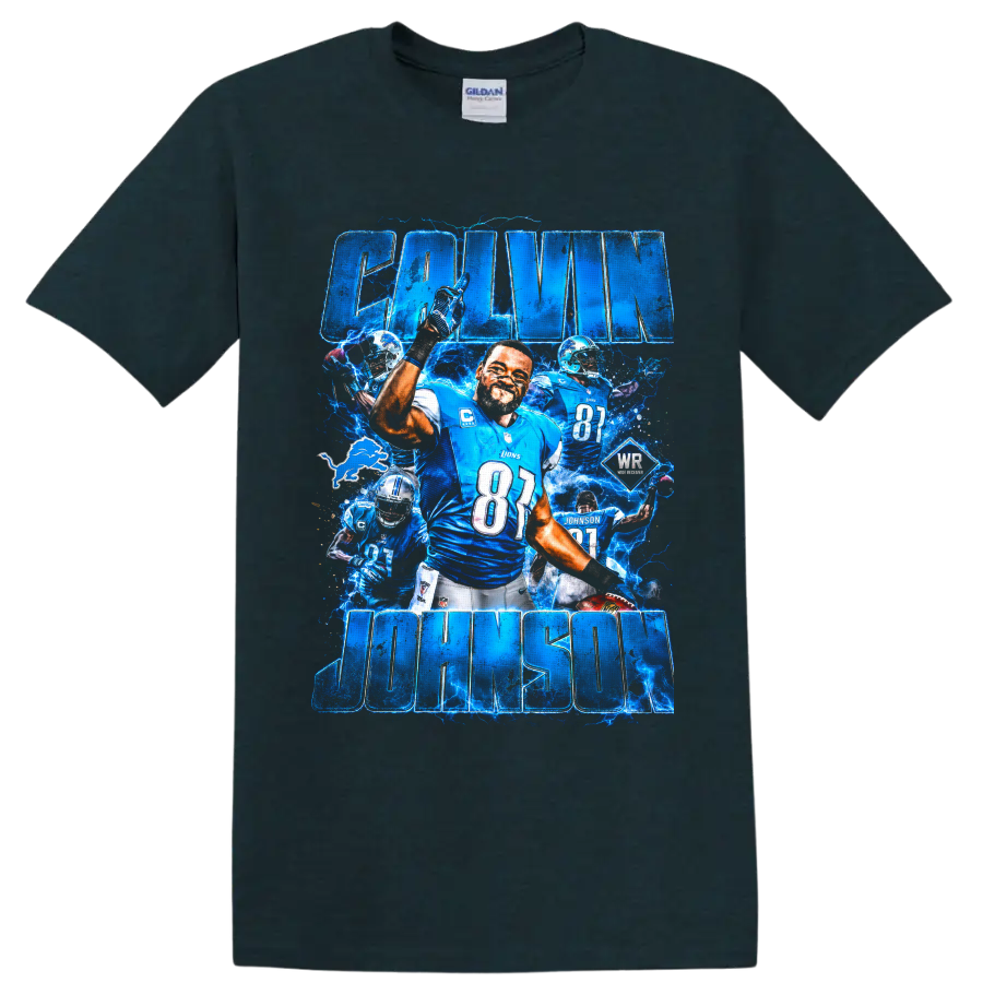 Calvin Johnson Detroit Lions number 81 football collage with electric blue lightning on a Midnight (Green) T Shirt