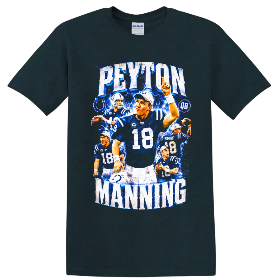 Peyton Manning Indianapolis Colts No. 18 electric football collage with PEYTON MANNING on a Midnight (Green) T Shirt