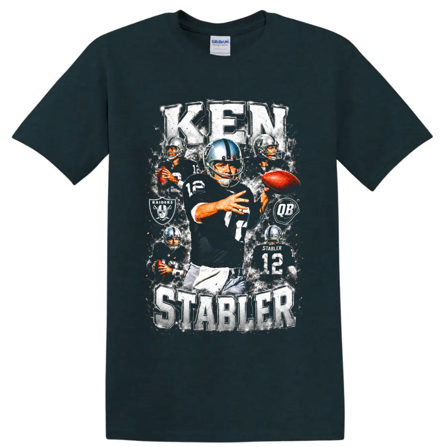 Ken Stabler Oakland Raiders number 12 vintage football collage with Raiders emblems on a Midnight (Green) T Shirt