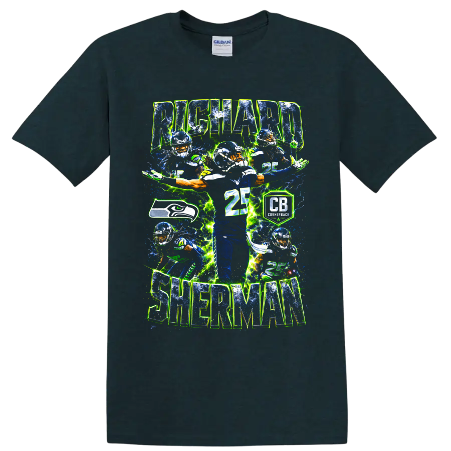Richard Sherman Seahawks cornerback collage with number 25 and electric action effects on a Midnight (Green) T Shirt