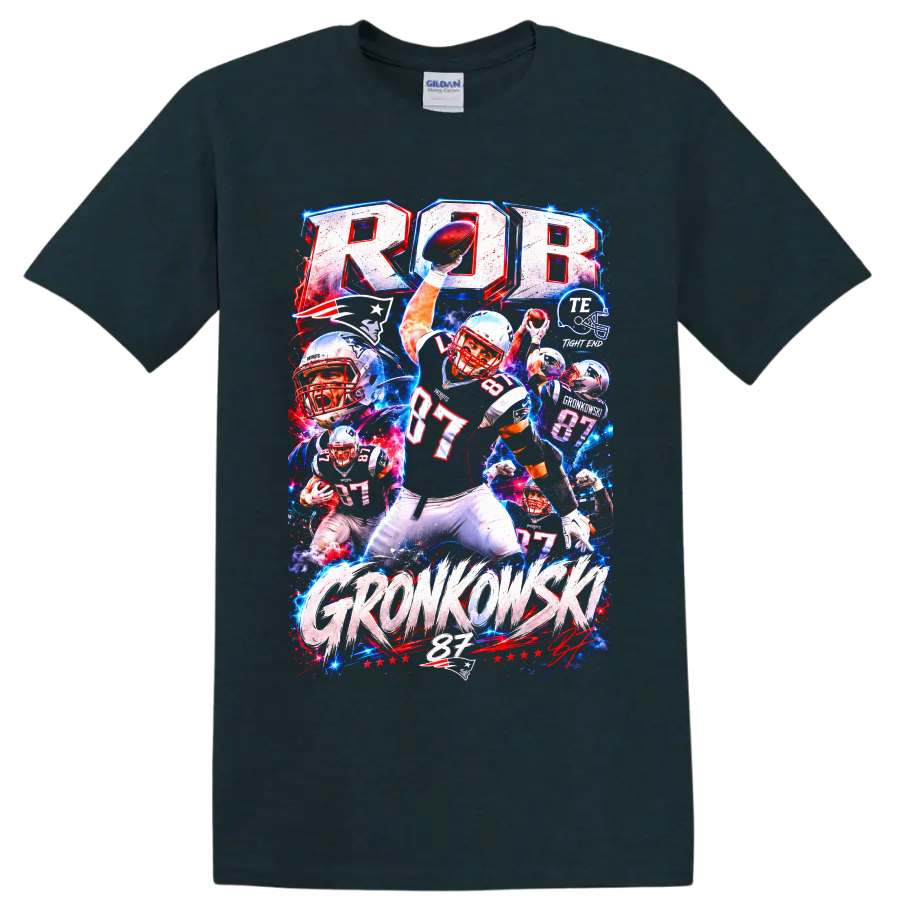 Rob Gronkowski Patriots number 87 football action collage with bold GRONKOWSKI text on a Midnight (Green) T Shirt