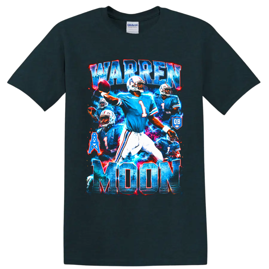 Warren Moon Houston Oilers quarterback collage with bold WARREN MOON lettering on a Midnight (Green) T Shirt