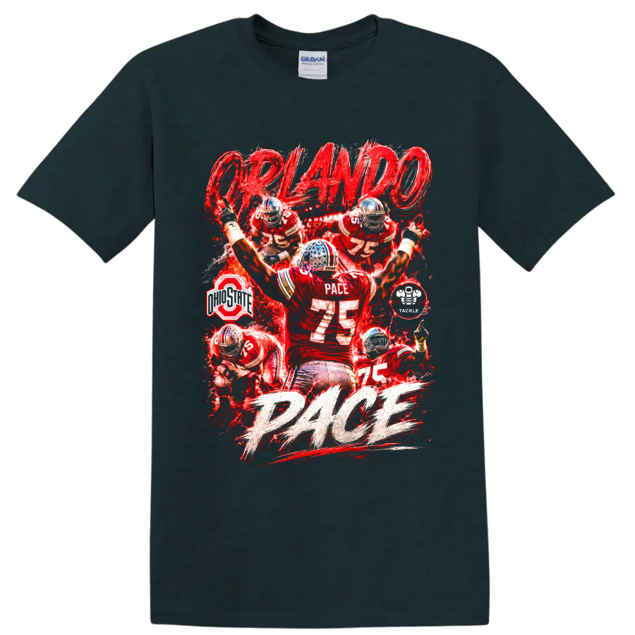 Orlando Pace Ohio State Buckeyes No. 75 red football action collage with PACE lettering on a Midnight (Green) T Shirt