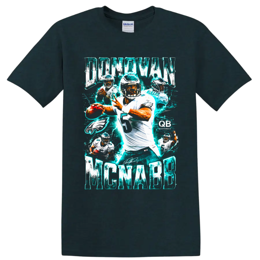 Donovan McNabb Philadelphia Eagles quarterback collage with electric teal action graphics on a Midnight (Green) T Shirt