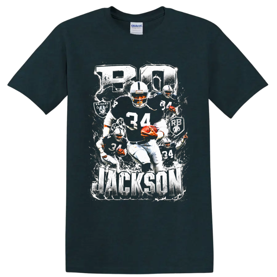 Bo Jackson Oakland Raiders number 34 football collage with BO and JACKSON text on a Midnight (Green) T Shirt