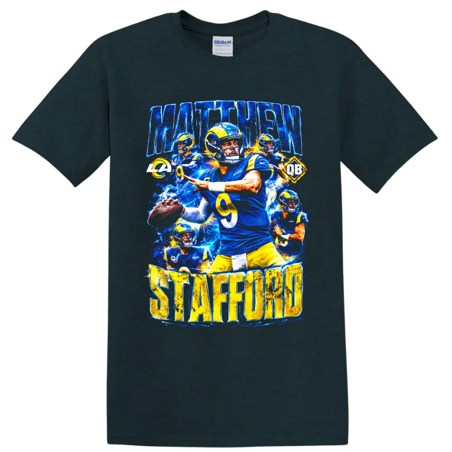 Matthew Stafford Rams quarterback action collage with MATTHEW STAFFORD lettering on a Midnight (Green) T Shirt