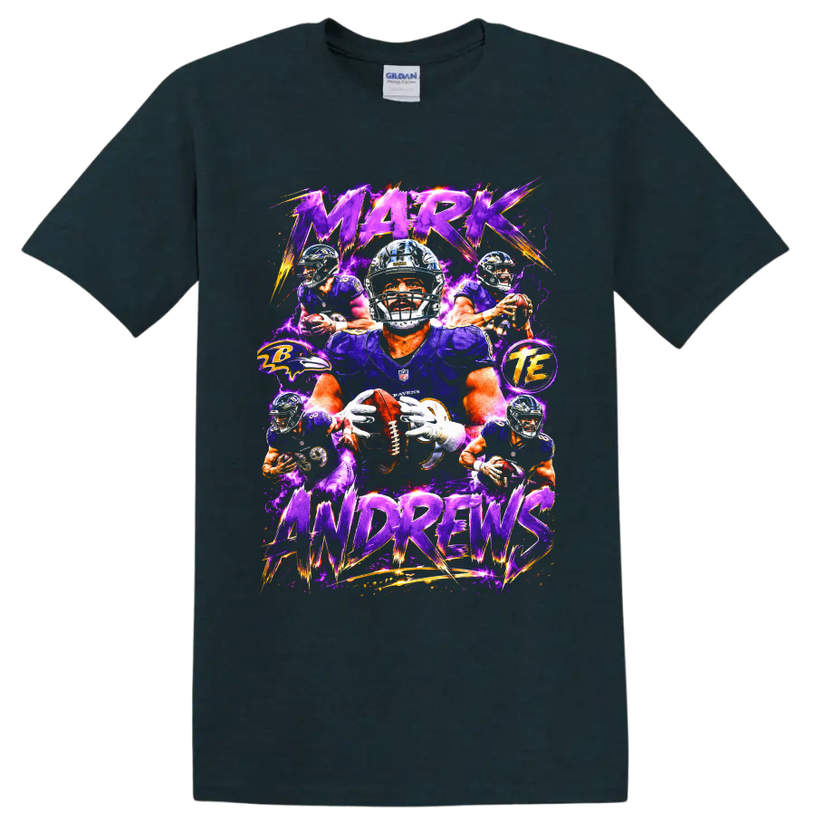 Mark Andrews Baltimore Ravens football action collage with purple lightning and bold on a Midnight (Green) T Shirt
