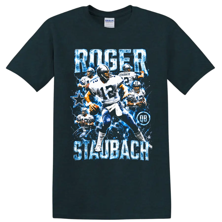 Roger Staubach Dallas Cowboys quarterback collage with blue lightning and number 12 on a Midnight (Green) T Shirt