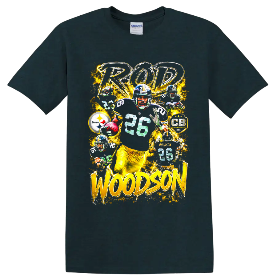 Rod Woodson No. 26 Steelers cornerback collage with gold lightning and bold lettering on a Midnight (Green) T Shirt