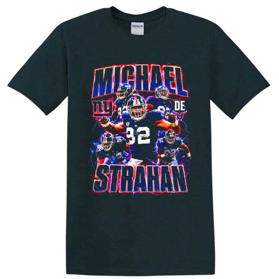 Michael Strahan number 92 New York Giants football collage with electric action effects on a Midnight (Green) T Shirt