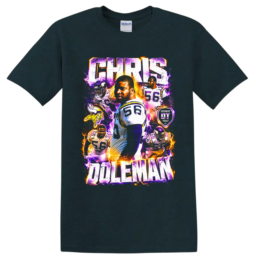 Chris Doleman Minnesota Vikings number 56 lightning football collage with CHRIS DOLEMAN on a Midnight (Green) T Shirt