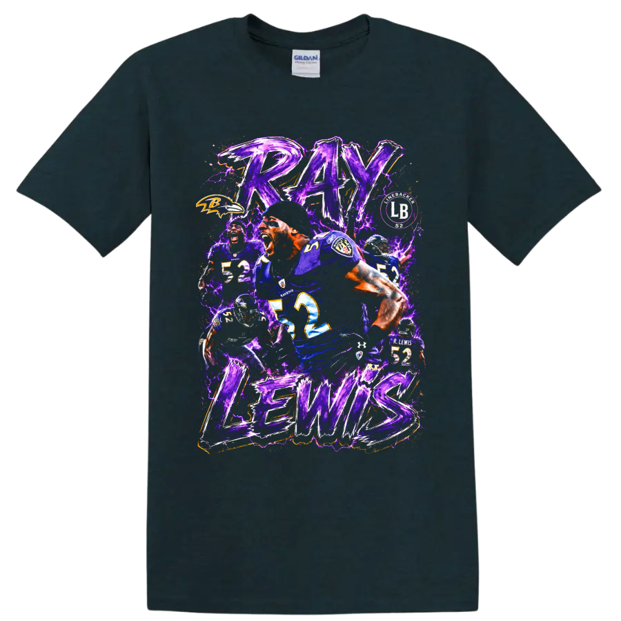 Ray Lewis Baltimore Ravens number 52 football collage with purple lightning on a Midnight (Green) T Shirt