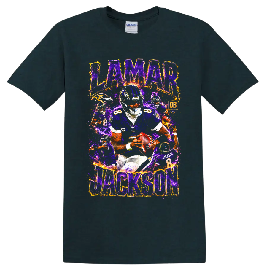 Lamar Jackson Ravens quarterback number 8 action collage with purple lightning on a Midnight (Green) T Shirt