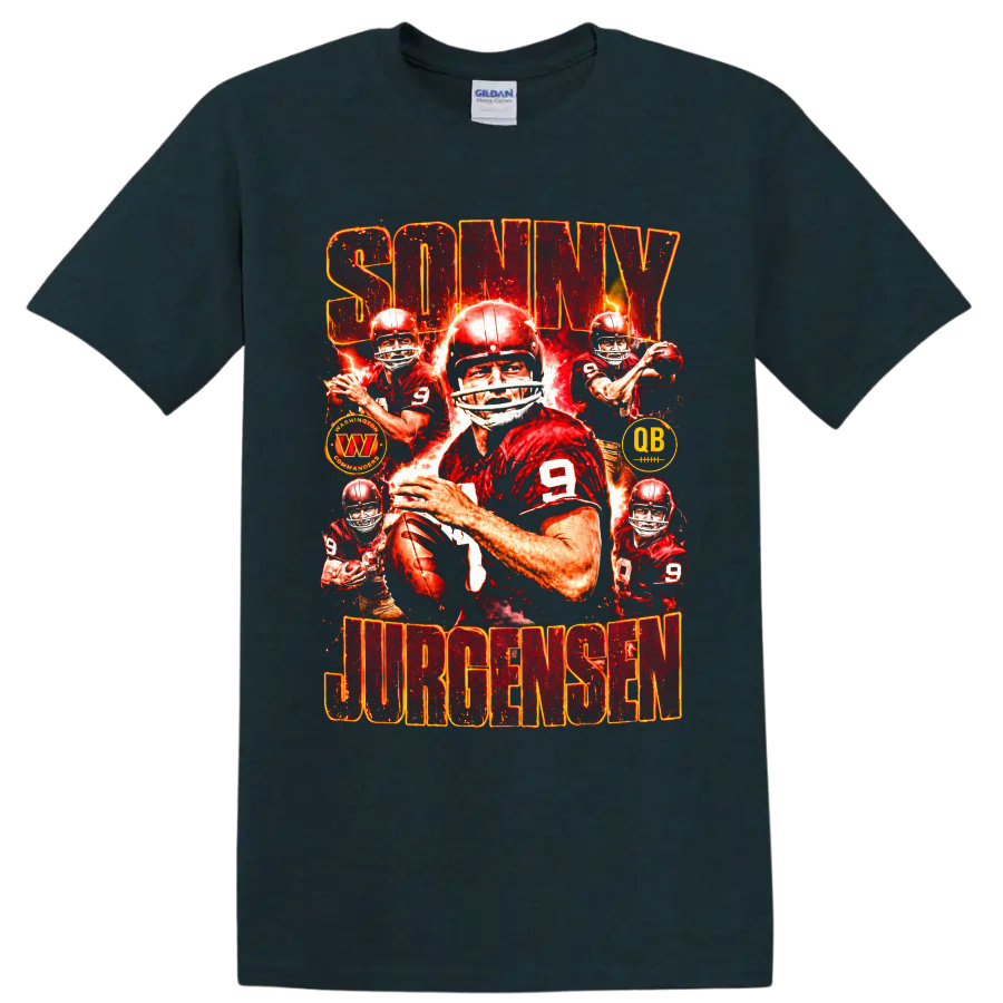 Sonny Jurgensen No. 9 quarterback collage with fiery distressed football graphics on a Midnight (Green) T Shirt
